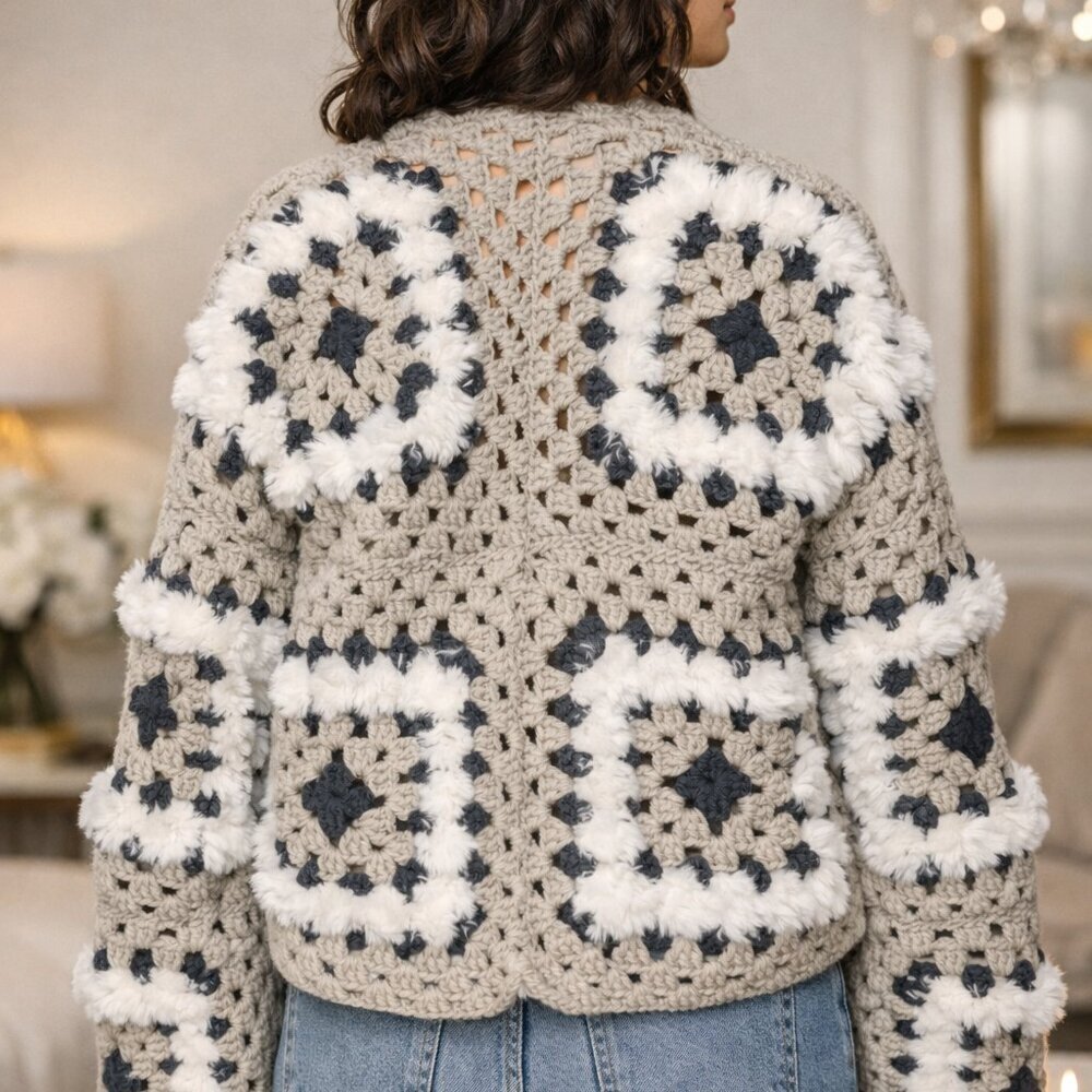 Granny Square Crochet Cardigan Jacket Grey White Fluffy Handmade Boho Size L/XL - Picture 2 of 5